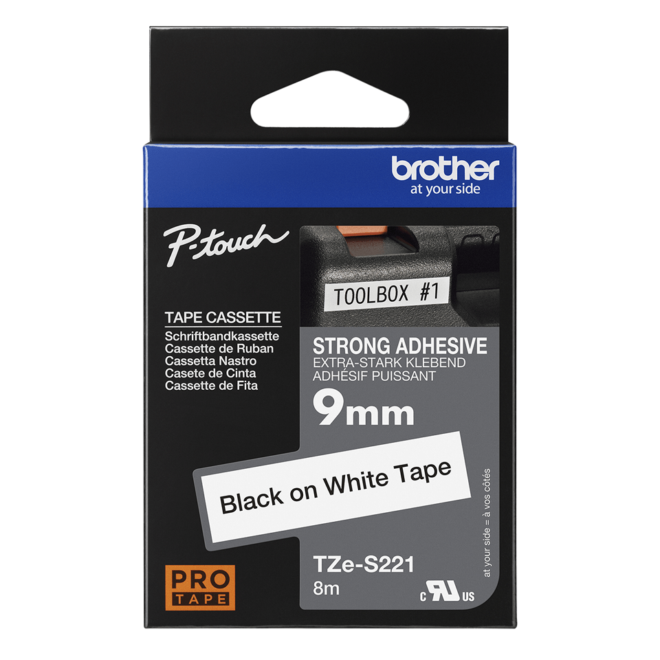 Casetă cu bandă de etichete originală Brother TZe-S221 – negru pe alb, lățime de 9 mm 3